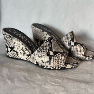 Calvin Klein Snakeskin Wedge Sandals - Black and White